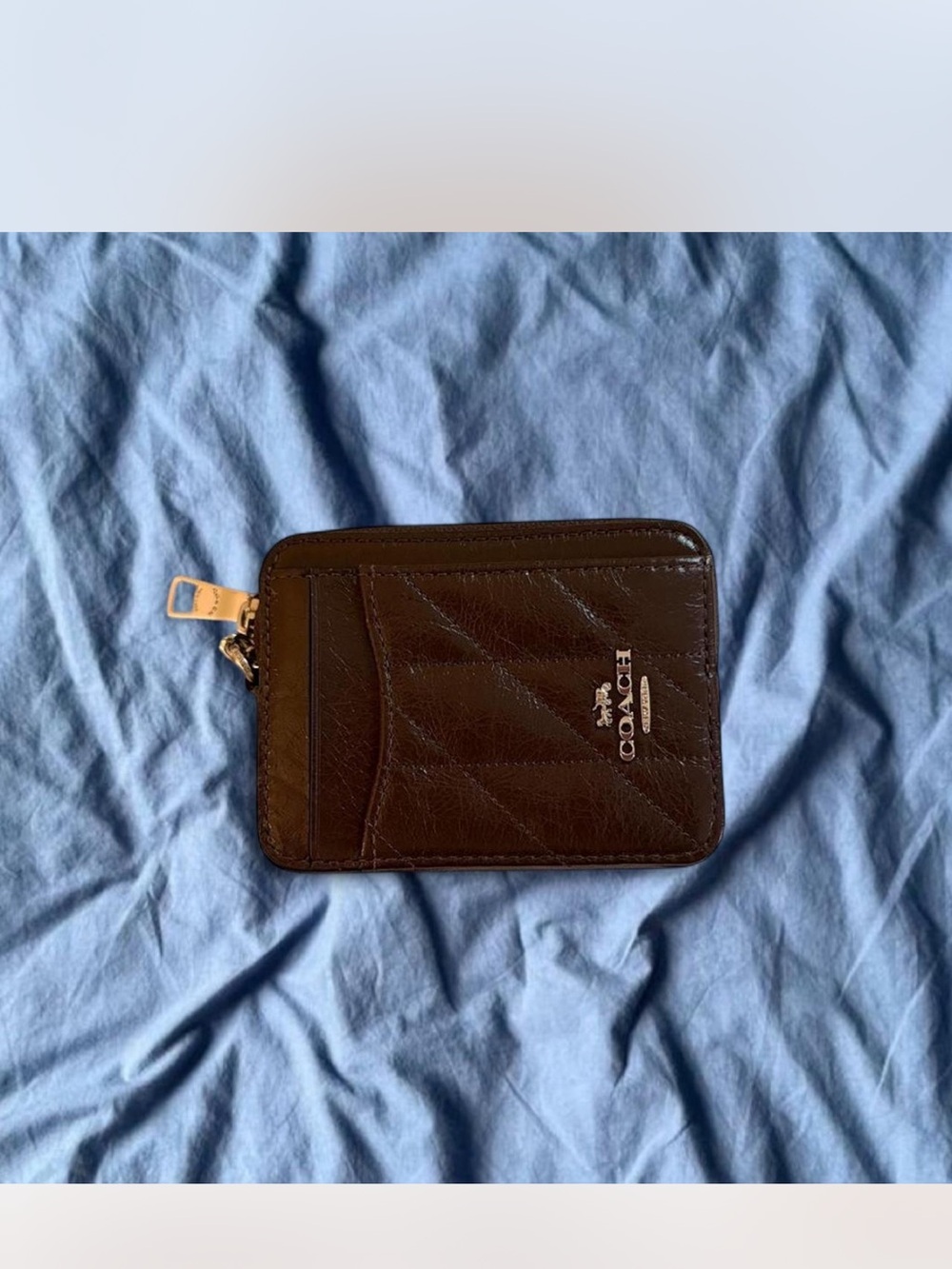 Coach Maple Brown Leather Zip Card Holder with Gold Hardware
